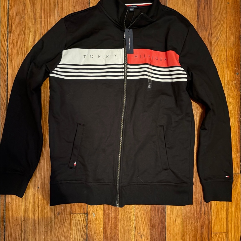 Tommy Hilfiger Men's Black Zip-Up Sweater with Red and White Stripes